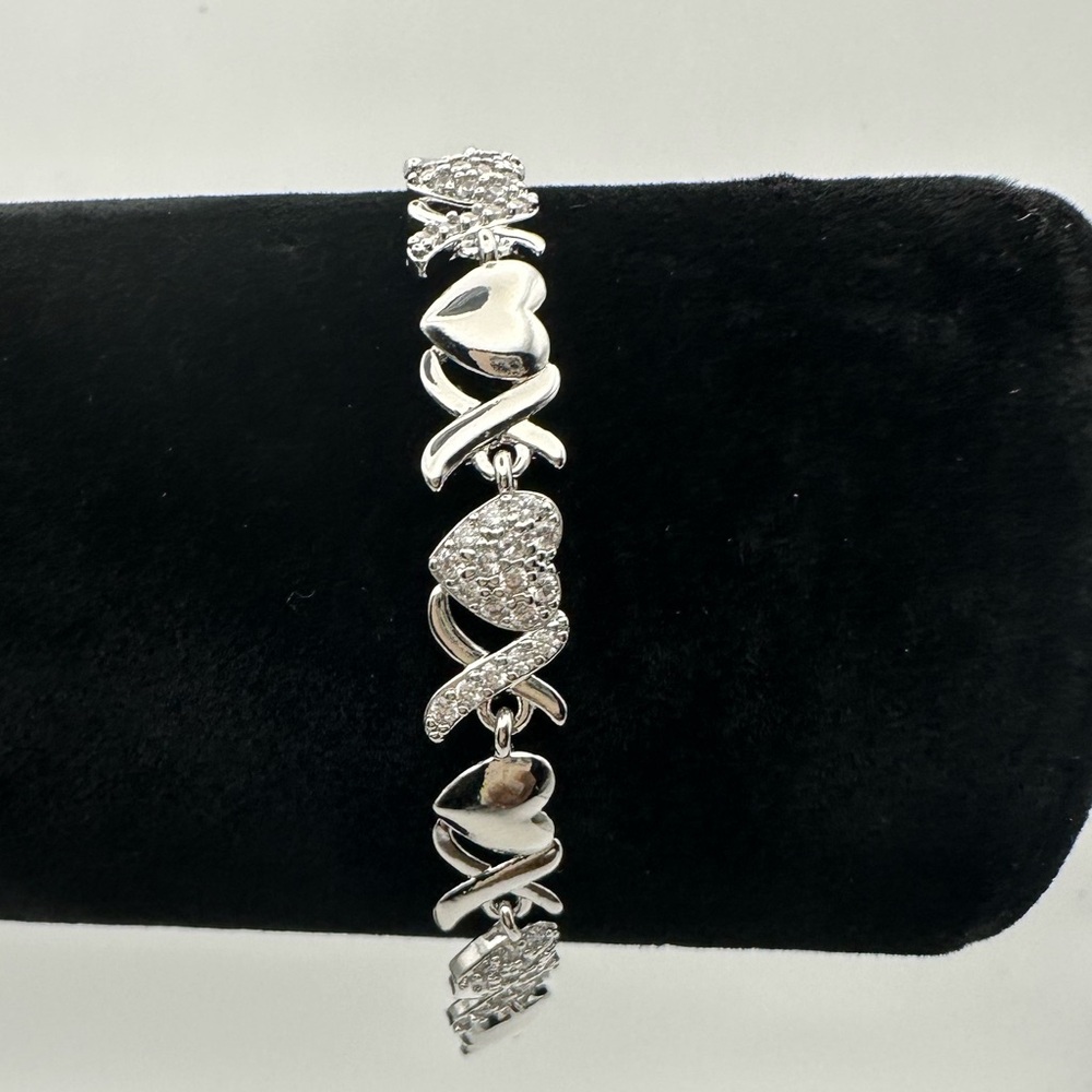 Hugs and Kisses Heart Tennis Silver Bracelet